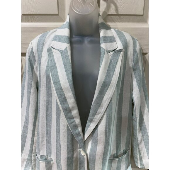 Zara Basic Womens Oversized Striped Blazer Jacket 100% Linen S Light Green & Whi - Picture 4 of 8